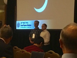 Paul Wright (right) receiving the 2017 AAS Solar Physics Division Student Poster Prize at the 48th AAS/SPD meeting in Portland, OR.