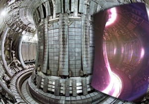 Composite image showing an interior view of the JET vacuum vessel, with a superimposed image of an actual JET plasma taken with a visible light camera. Only the cold edges of the plasma can be seen, since the centre is so hot that it radiates only in the ultra-violet part of the spectrum.© EFDA-JET