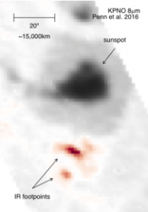 First IR flare observed at 8 microns, showing two IR sources near a sunspot.