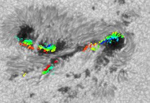 Locations of optical sources in a white light flare, colour coded by time (from Kerr & Fletcher 2014)