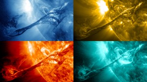 SDO/AIA images of a filament on the sun from August 31, 2012. From upper left and going clockwise: 335, 171, 304 and 131 Å channels